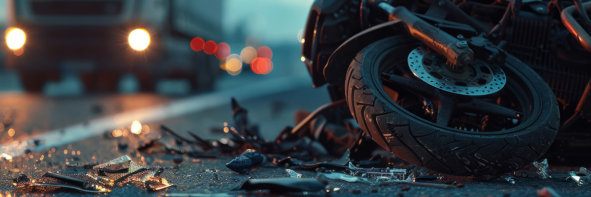 Motorbike Injury Claims Solicitors - Picture of a crashed motorbike on an evening.